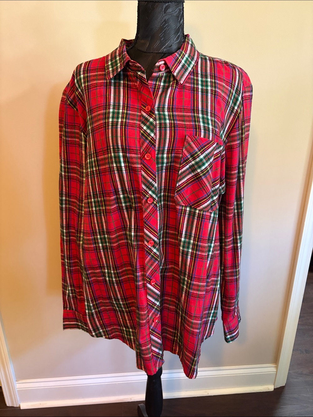 Red Plaid Button-Up Shirt - Casual Women's Flannel